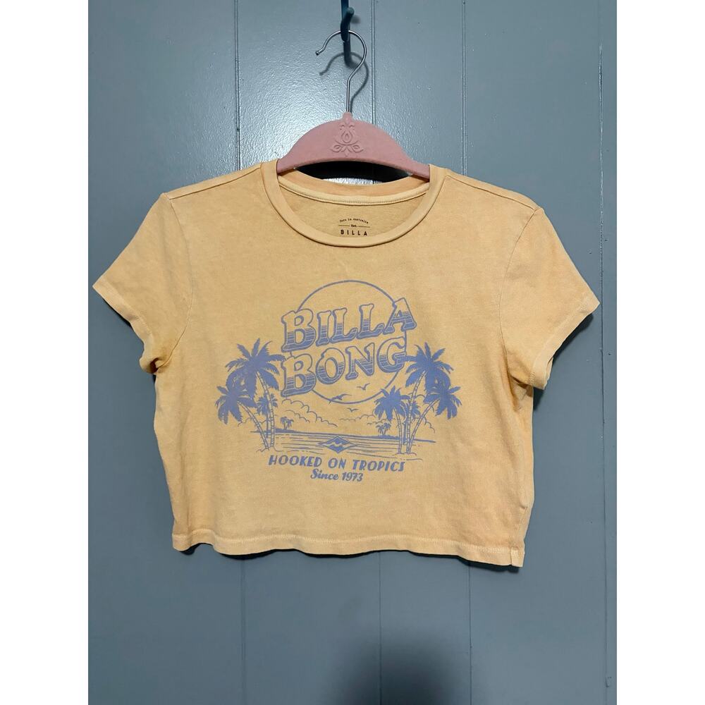 Billabong Yellow Beach Graphic Cotton Crewneck Cropped Boho Surfer T-shirt S